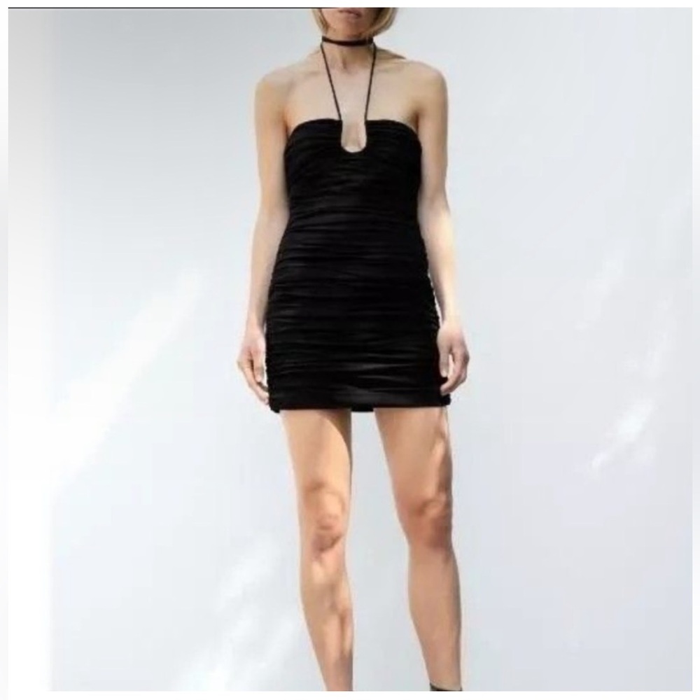 Zara Ruched Draped Mini Dress Key Hole Bodice Halter Tie NWT Black Size L